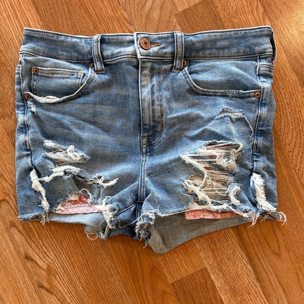 American Eagle Distressed Festival Handkerchief ahi Rise Shortie Shorts 12